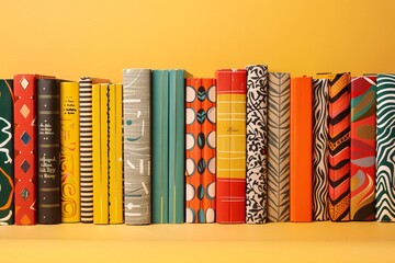 Sticker - Row of colorful books against yellow background.