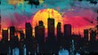 © Ziyan Yang - Colorful comic scene background with city silhouette