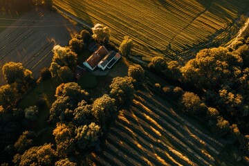 Wall Mural - Aerial view of a farmhouse surrounded by golden fields and trees during sunset.