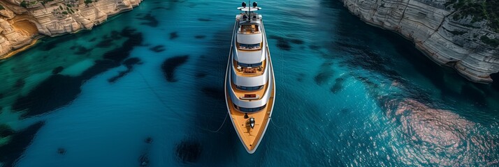 Poster - A modern mega yacht sits peacefully in turquoise waters, surrounded by a dramatic coastline