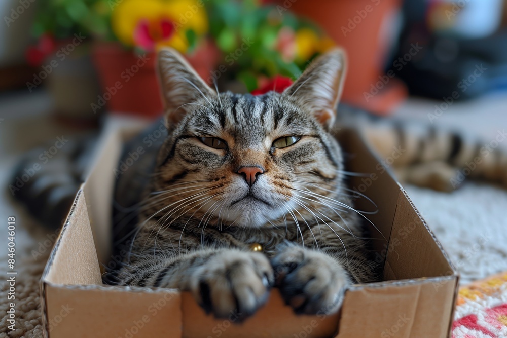 A grey tabby cat with green eyes rests comfortably inside a cardboard ...
