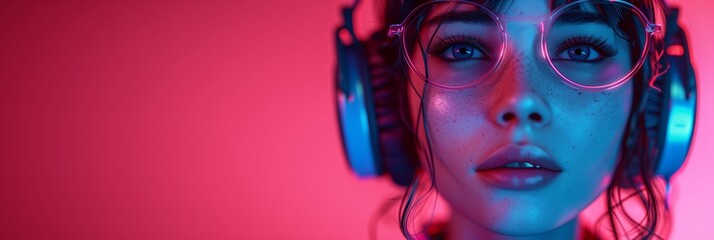 Wall Mural - A close-up shot of a woman wearing headphones and glasses, bathed in pink and blue neon light