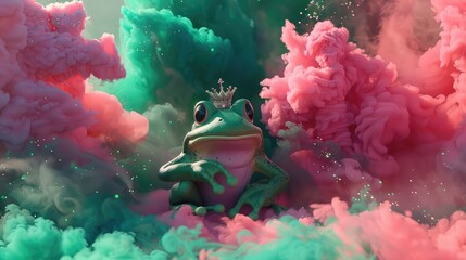 A playful burst of pink and green smoke, featuring a 3D animated frog prince waiting patiently, his crown shimmering amidst the colorful fog