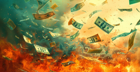 a digital illustration depicting money bills raining down from the sky onto a raging inferno.