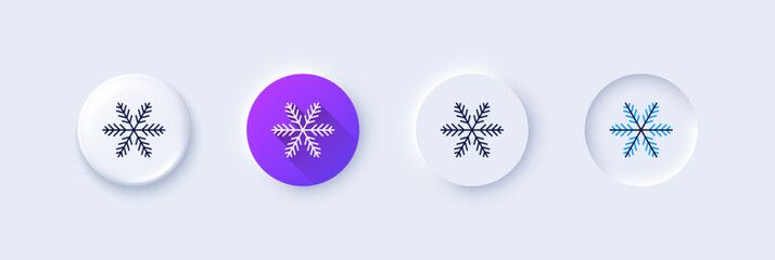 Wall Mural - Snowflake line icon. Neumorphic, Purple gradient, 3d pin buttons. Christmas snow sign. Winter or cold symbol. Line icons. Neumorphic buttons with outline signs. Vector