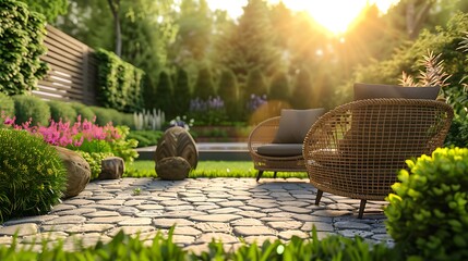 House patio with wicker chairs background stone grass flower