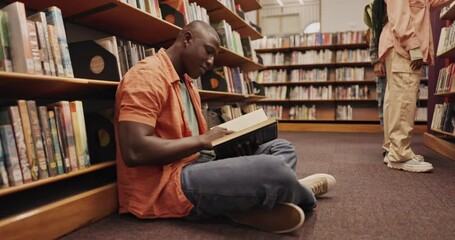 Poster - Student, african man or book on floor in library for reading, literature research or studying for knowledge. Gen z, novel or search for academic information for scholarship or education with learning