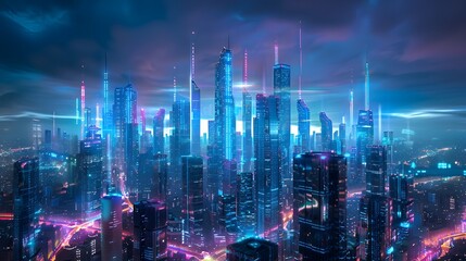 Futuristic cityscape at night, illuminated by neon lights, showcasing advanced urban development and smart city technology