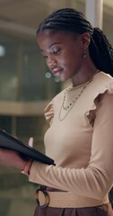 Fototapete - Tablet, research and black woman typing email, reading and editor work on project in creative startup at night. Business person, digital technology and scroll for information, networking or deadline