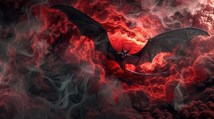 Wall Mural - An intense swirl of red and black smoke, with a 3D animated vampire bat swooping through, its wings spreading the smoke further