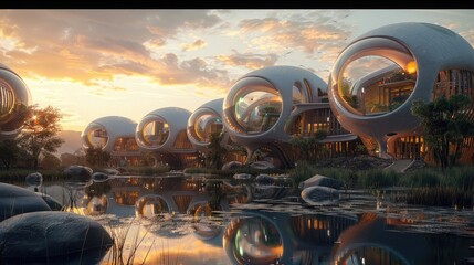 futuristic bubble like buildings by a pond at sunset