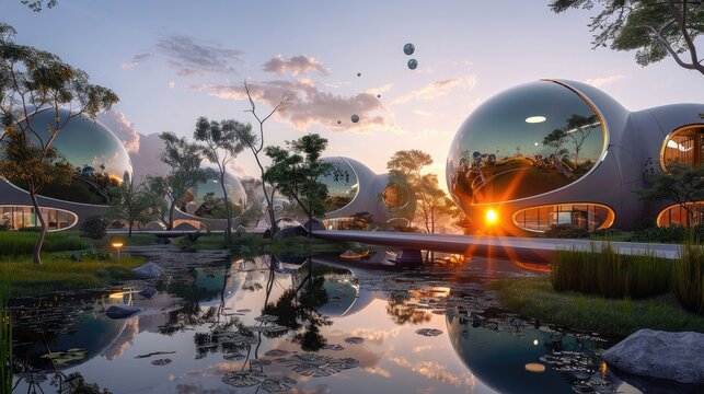 futuristic bubble like buildings by a pond at sunset