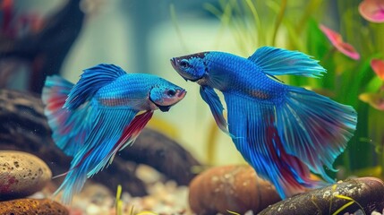 Two Blue Betta fish fancy Siamese fighting fish in fish tank