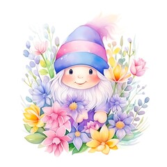 Adorable gnome with a colorful hat surrounded by vibrant flowers in a whimsical, pastel illustration.
