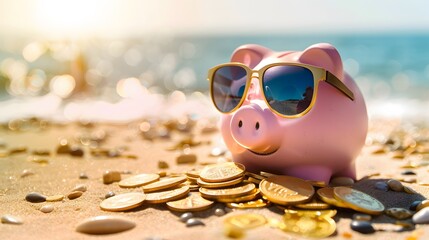 Wall Mural - Pink piggy bank with sunglasses relaxing on a beach in summer next to gold coins, vacation budget, holiday savings, investment success, banking wealth, income and profit in finance 