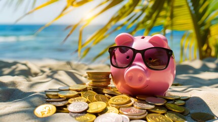 Wall Mural - Pink piggy bank with sunglasses relaxing on a beach in summer next to gold coins, vacation budget, holiday savings, investment success, banking wealth, income and profit in finance 