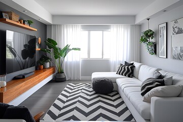 Wall Mural - Monochrome living room with wood and grey tiling accents and chevron pattern rug,