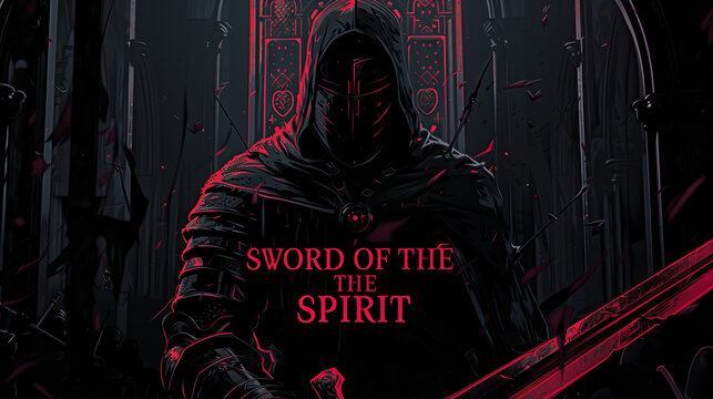 Dark hooded warrior with glowing red sword in gothic cathedral, dramatic lighting