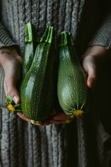 Wall Mural - Detailed close up of person s hands holding fresh zucchini, ideal for food and nutrition concepts