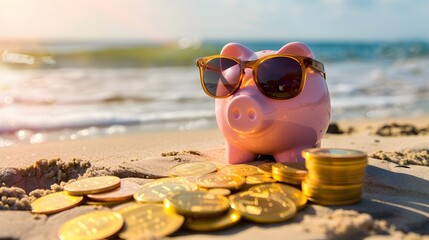 Wall Mural - Pink piggy bank with sunglasses relaxing on a beach in summer next to gold coins, vacation budget, holiday savings, investment success, banking wealth, income and profit in finance 