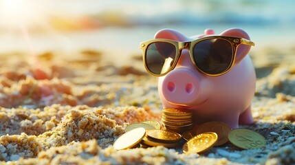 Wall Mural - Pink piggy bank with sunglasses relaxing on a beach in summer next to gold coins, vacation budget, holiday savings, investment success, banking wealth, income and profit in finance 