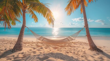 Wall Mural - A serene beach scene with a hammock suspended between two palm trees overlooking the ocean at sunset
