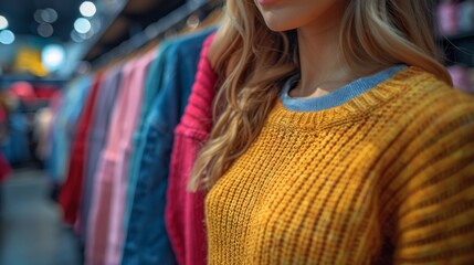 Cropped image of a woman in a vibrant yellow sweater in a clothing store
