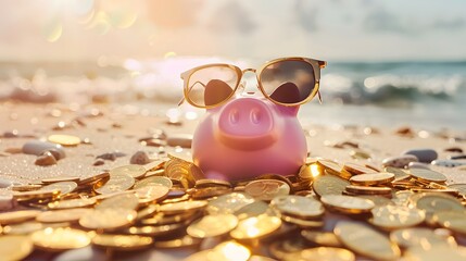 Wall Mural - Pink piggy bank with sunglasses relaxing on a beach in summer next to gold coins, vacation budget, holiday savings, investment success, banking wealth, income and profit in finance 