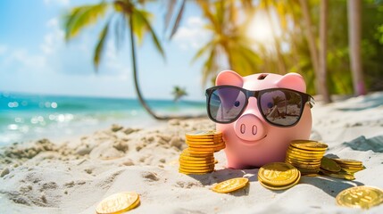 Wall Mural - Pink piggy bank with sunglasses relaxing on a beach in summer next to gold coins, vacation budget, holiday savings, investment success, banking wealth, income and profit in finance