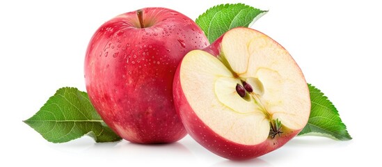 Wall Mural - Ripe red apple with half and green leaf isolated on white background, with clipping path.
