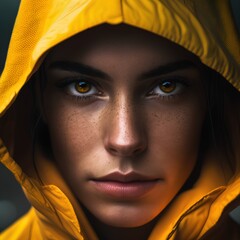 Wall Mural - Close-up portrait of a beautiful girl in a yellow raincoat