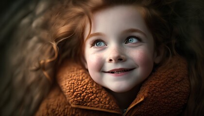 Wall Mural - Portrait of a cute little girl with blue eyes in warm clothes.