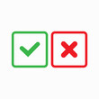 © farid - Check mark icons for web. Checkmark X symbols on white isolated background. Check mark signs in green and red colors. Square symbols elements. Yes no web buttons. Vector illustration