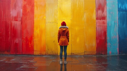 An individual in bright winter attire juxtaposed against a painted wall