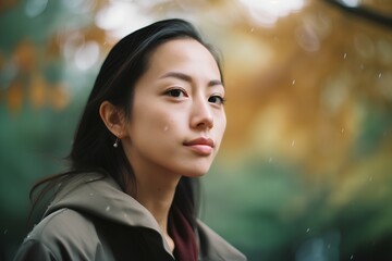 Portrait of young beautiful asian woman in raincoat in autumn park