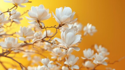Wall Mural - White flowers on yellow spring background 3D Rendering