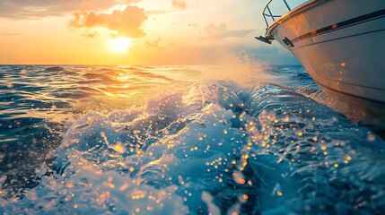 Side view speeding fishing motor boat with drops of water blue ocean sea water wave reflections at the sunset