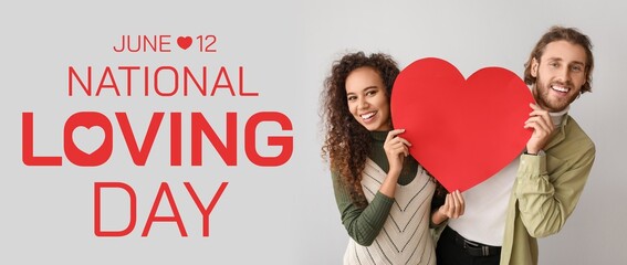 Poster - Banner for National Loving Day with young interracial couple with red heart