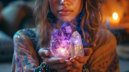 A close-up shot of someone holding a bright purple amethyst crystal cluster radiating a mystical glow