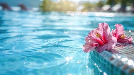 Swimming pool with tropical flower. Summer seasonal background, spa and wellness. Tourist resort concept