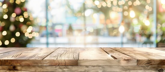 blurred wood texture table with a clear view of a terrace office window, creating a modern and invit