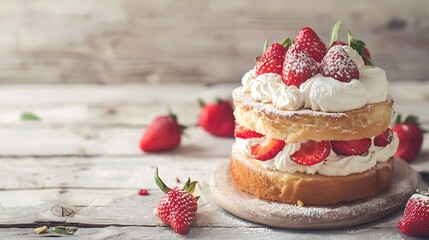 Wall Mural - Strawberry and cream sponge cake on white wooden table