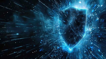 Majestic shield pulsating with blue particles and light rising from a field of encrypted data encapsulating the essence of advanced cyber protection