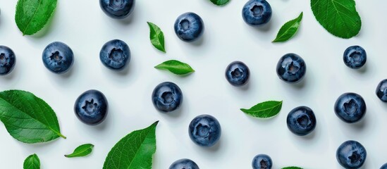 Wall Mural - Blueberries with leaves on white background, seen from above.
