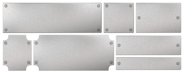Steel plaque with rivets. Isolated metallic nameboards set. 3D rendering.