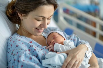 mother smiling while holding her newborn baby on hospital bed.
