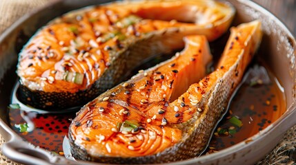 Sticker - Fresh grilled Salmon fish with sauce, Japanese cuisine . Generative Ai
