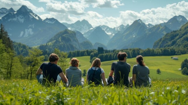 In a lush green meadow a small group of friends sit with backs to the camera facing a stunning mountain range in the distance. . .