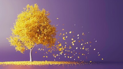 Wall Mural - Yellow glowing autumn tree with falling leaves on purple background with copy space. 3D Rendering, 3D Illustration