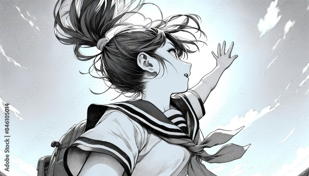 空に手を伸ばす制服を着た女の子のイラスト Stock Illustration